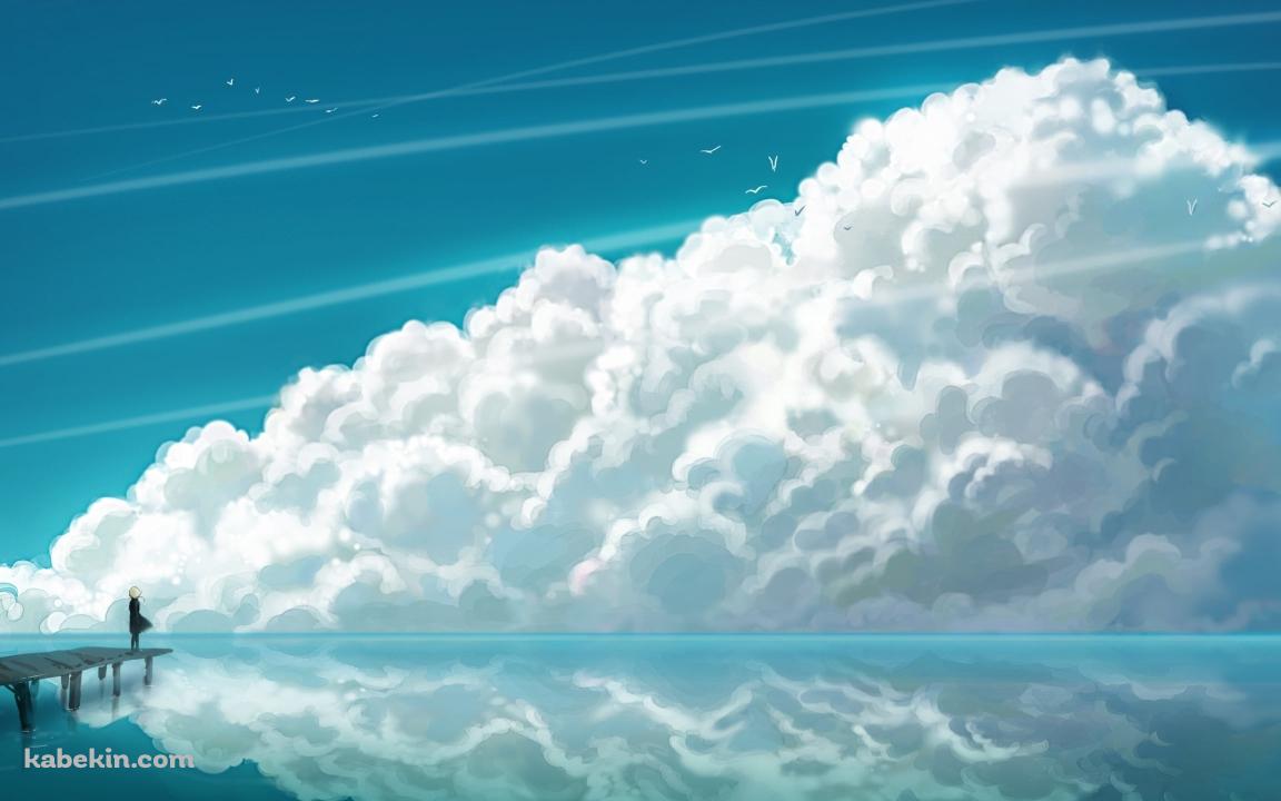 桟橋から海と空を眺める黒い洋服を着た女性の壁紙(1152px x 720px) 高画質 PC・デスクトップ用