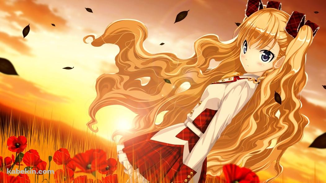 夕暮れ時に赤い花畑に佇むエリス / 七つのふしぎの終わるときの壁紙(1051px x 591px) 高画質 PC・デスクトップ用