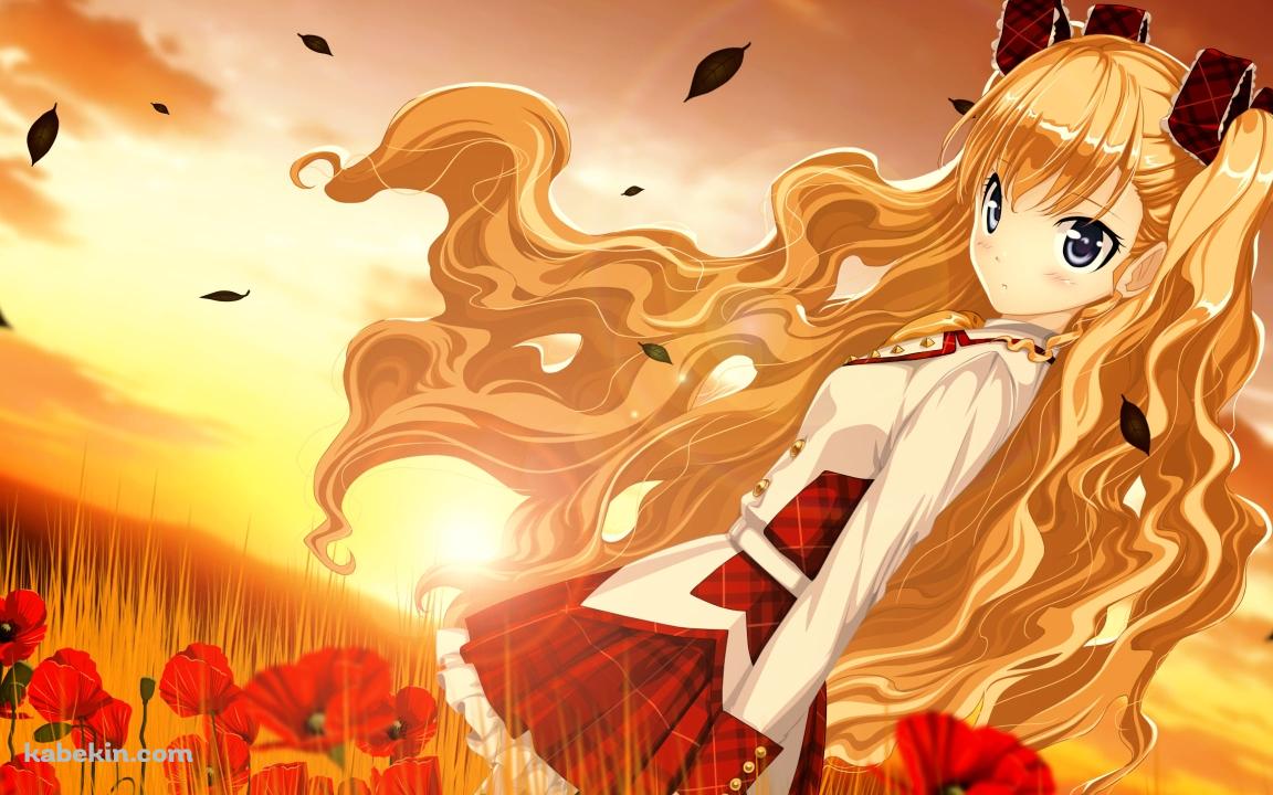 夕暮れ時に赤い花畑に佇むエリス / 七つのふしぎの終わるときの壁紙(1152px x 720px) 高画質 PC・デスクトップ用
