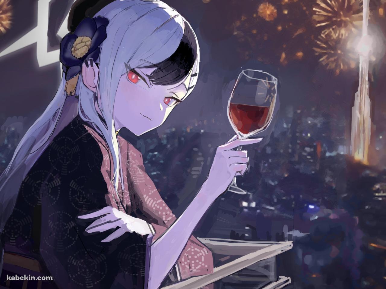 赤ワインを飲みながら花火を見る鬼方カヨコ / ブルーアーカイブの壁紙(1280px x 960px) 高画質 PC・デスクトップ用