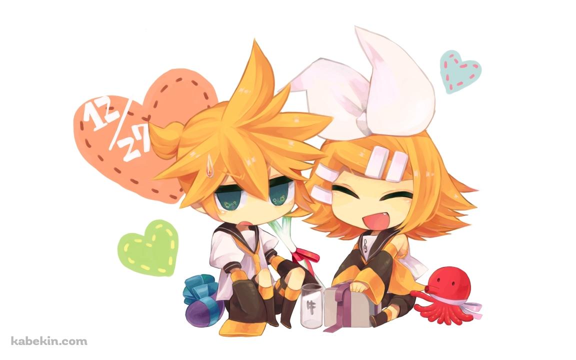並んで座るデフォルメされた鏡音リンと鏡音レン / ボカロの壁紙(1152px x 720px) 高画質 PC・デスクトップ用