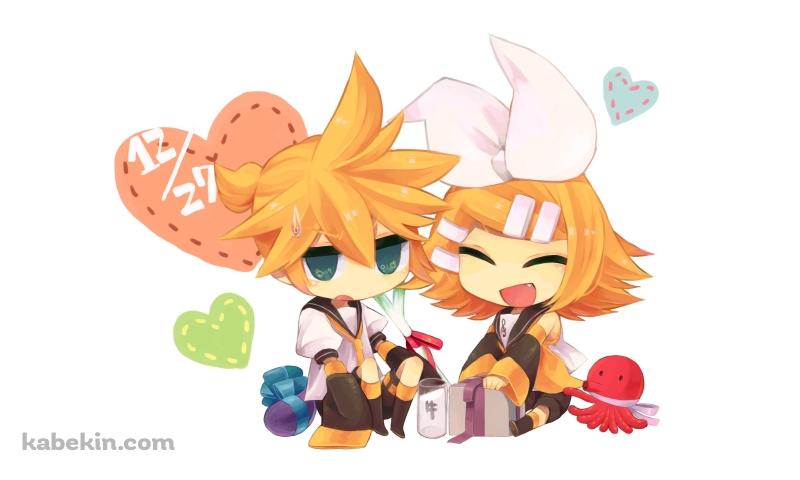 並んで座るデフォルメされた鏡音リンと鏡音レン / ボカロの壁紙(800px x 480px) 高画質 PC・デスクトップ用