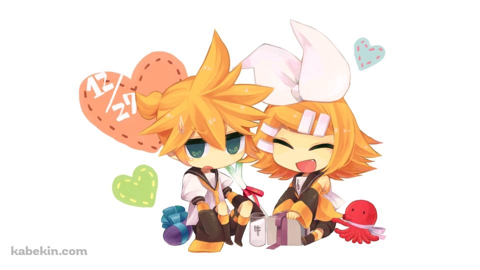 並んで座るデフォルメされた鏡音リンと鏡音レン / ボカロの壁紙(960px x 540px) 高画質 PC・デスクトップ用