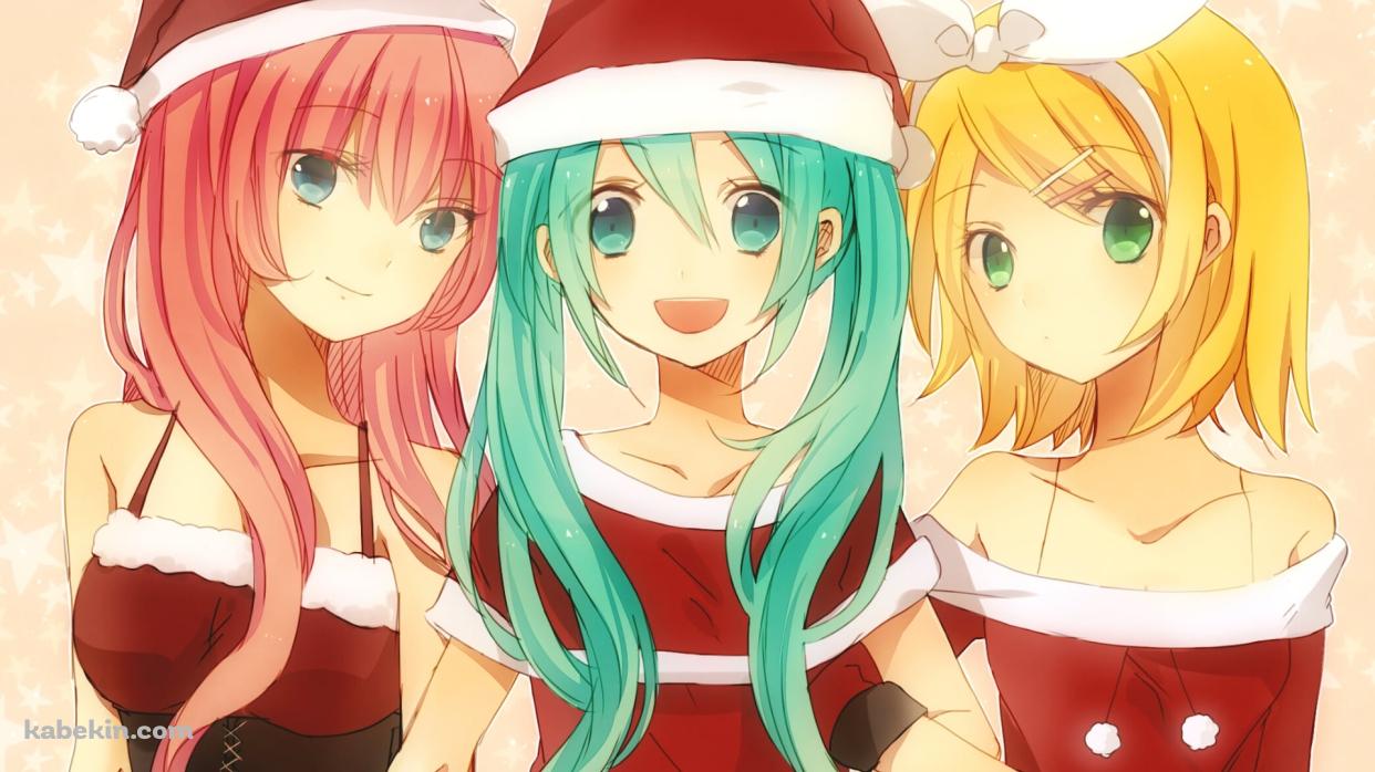 サンタコスの初音ミクと巡音ルカと鏡音リン / ボーカロイドの壁紙(1242px x 698px) 高画質 PC・デスクトップ用