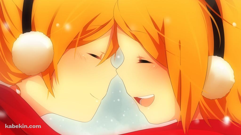 雪が降る中、マフラーを共有し向き合う鏡音リンと鏡音レン / ボーカロイドの壁紙(1024px x 576px) 高画質 PC・デスクトップ用