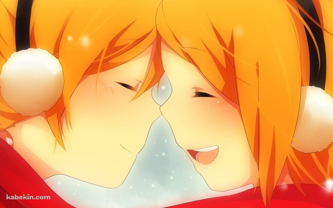 雪が降る中、マフラーを共有し向き合う鏡音リンと鏡音レン / ボーカロイドの壁紙(1152px x 720px) 高画質 PC・デスクトップ用