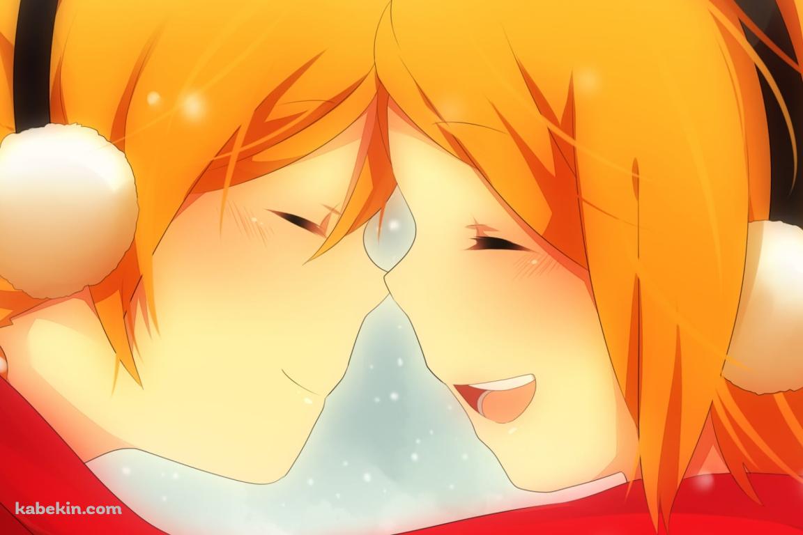 雪が降る中、マフラーを共有し向き合う鏡音リンと鏡音レン / ボーカロイドの壁紙(1152px x 768px) 高画質 PC・デスクトップ用