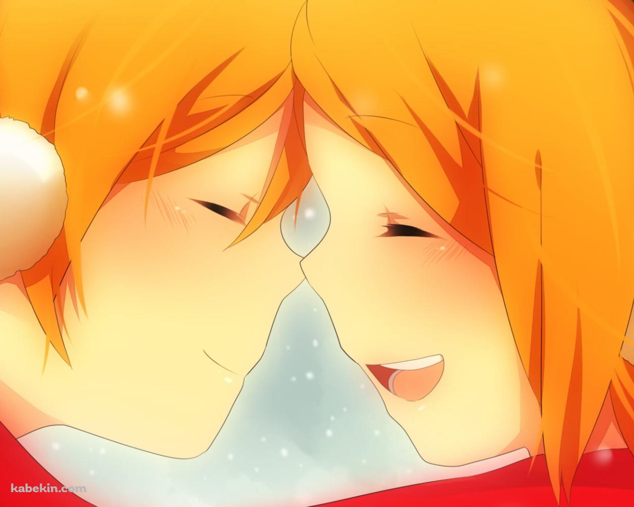 雪が降る中、マフラーを共有し向き合う鏡音リンと鏡音レン / ボーカロイドの壁紙(1280px x 1024px) 高画質 PC・デスクトップ用