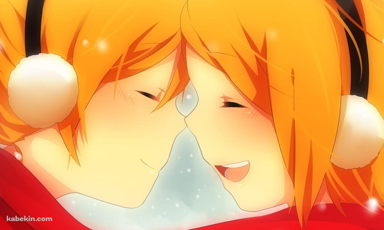雪が降る中、マフラーを共有し向き合う鏡音リンと鏡音レン / ボーカロイドの壁紙(1280px x 768px) 高画質 PC・デスクトップ用