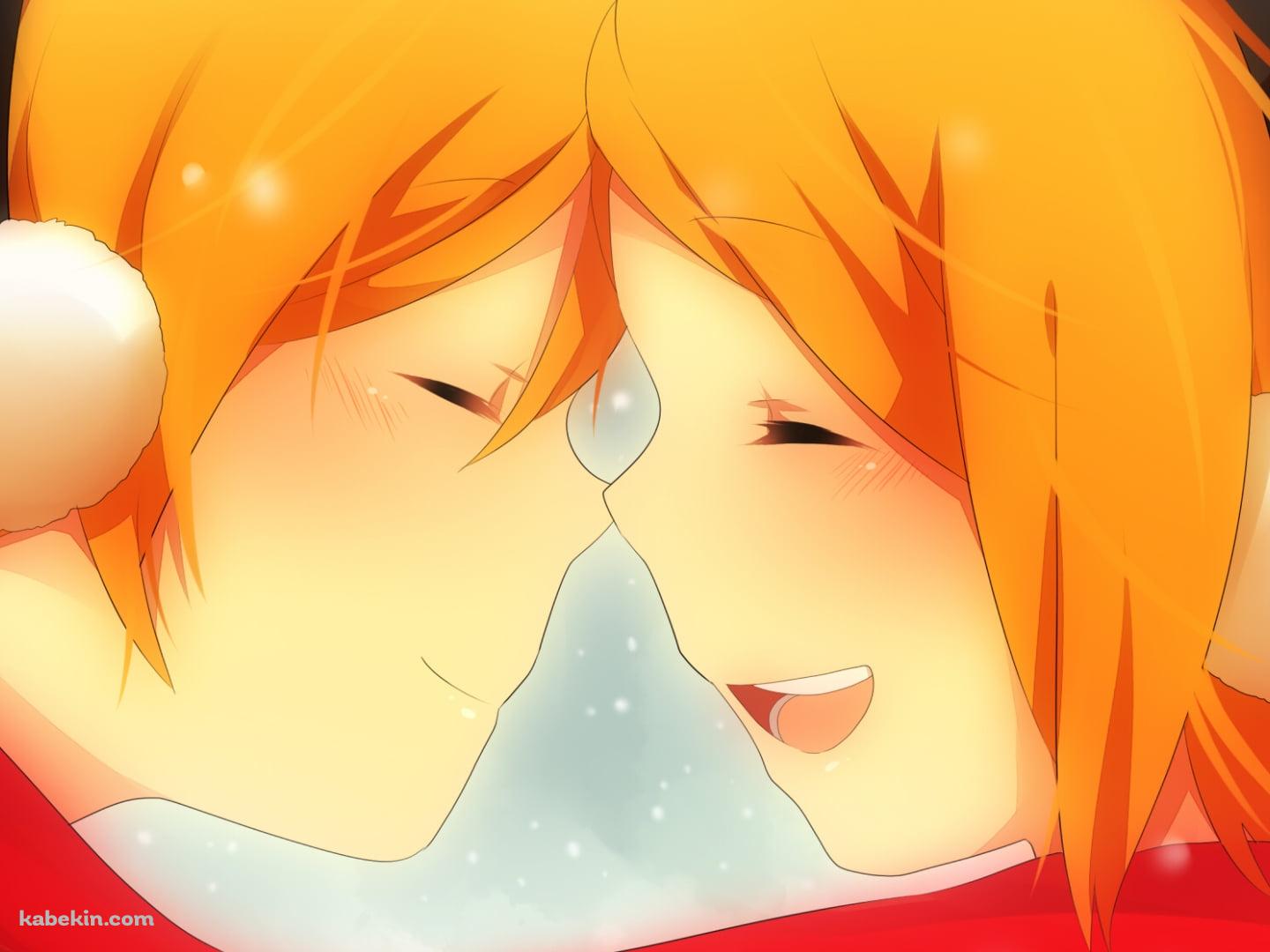 雪が降る中、マフラーを共有し向き合う鏡音リンと鏡音レン / ボーカロイドの壁紙(1440px x 1080px) 高画質 PC・デスクトップ用