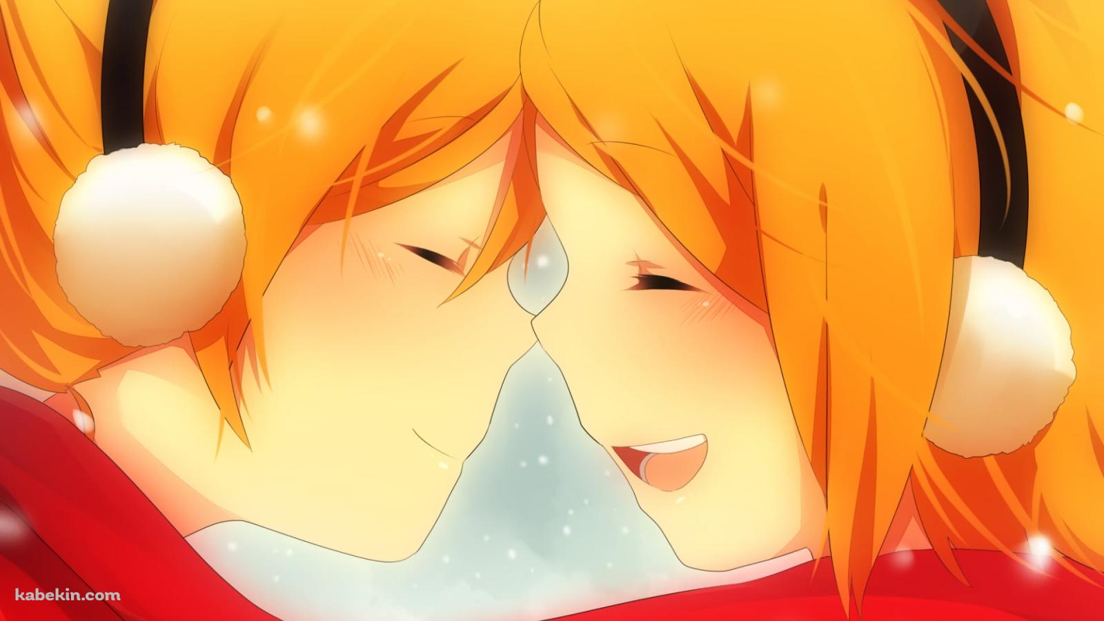 雪が降る中、マフラーを共有し向き合う鏡音リンと鏡音レン / ボーカロイドの壁紙(1600px x 900px) 高画質 PC・デスクトップ用