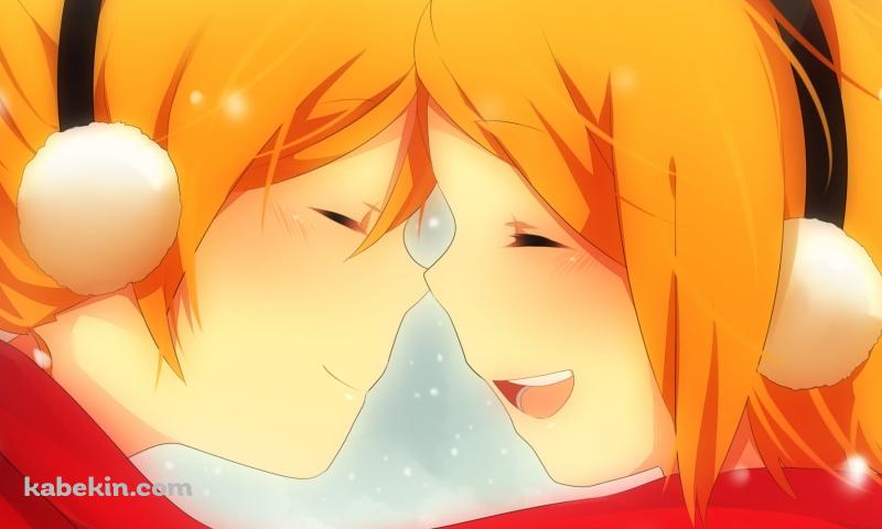 雪が降る中、マフラーを共有し向き合う鏡音リンと鏡音レン / ボーカロイドの壁紙(800px x 480px) 高画質 PC・デスクトップ用