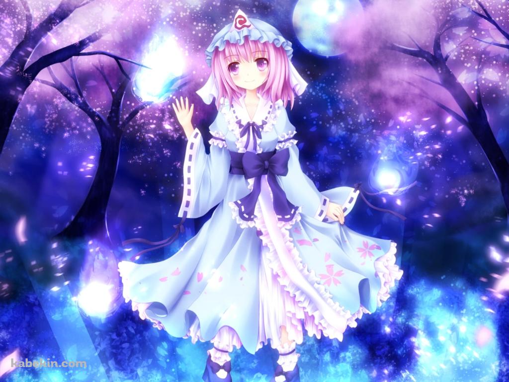 桜と青い炎と西行寺幽々子 / 妖艶 / 東方の壁紙(1024px x 768px) 高画質 PC・デスクトップ用