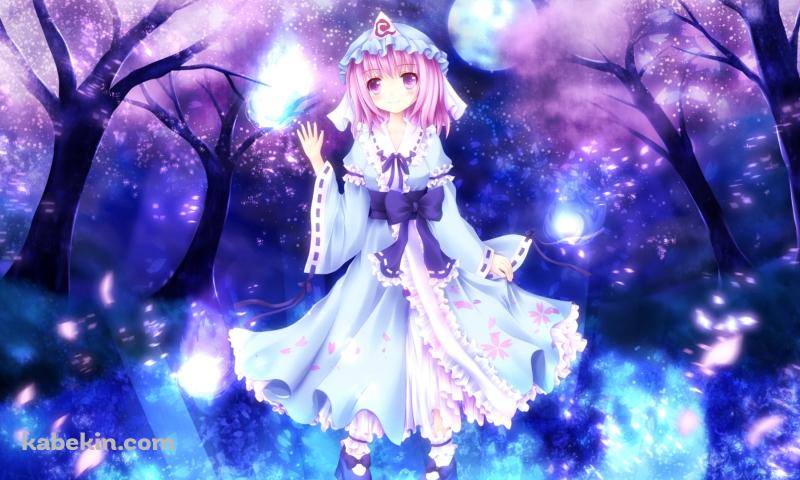 桜と青い炎と西行寺幽々子 / 妖艶 / 東方の壁紙(800px x 480px) 高画質 PC・デスクトップ用