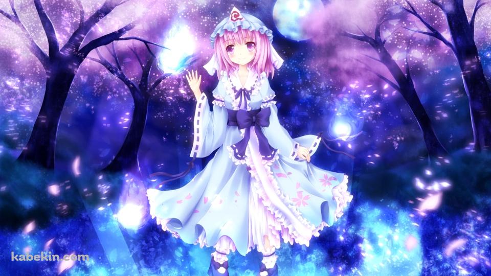 桜と青い炎と西行寺幽々子 / 妖艶 / 東方の壁紙(960px x 540px) 高画質 PC・デスクトップ用
