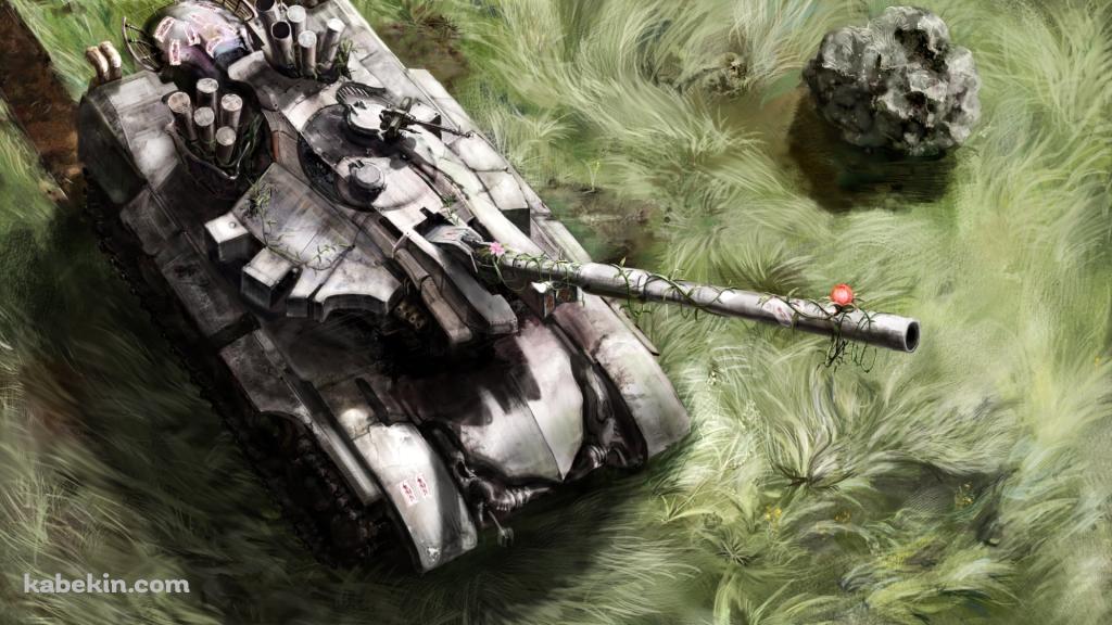 上から見た草原を走行する戦車の壁紙(1024px x 576px) 高画質 PC・デスクトップ用