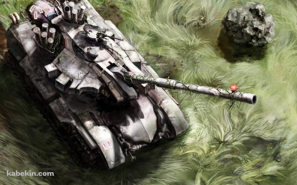 上から見た草原を走行する戦車の壁紙(960px x 600px) 高画質 PC・デスクトップ用
