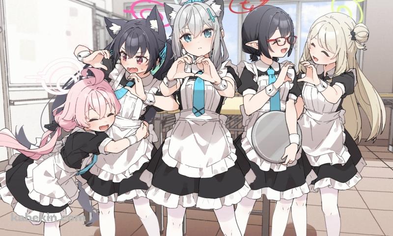 メイド姿でハートマークを作る砂狼シロコ、小鳥遊ホシノ、十六夜ノノミ、黒見セリカ、奥空アヤネ / ブルーアーカイブの壁紙(800px x 480px) 高画質 PC・デスクトップ用