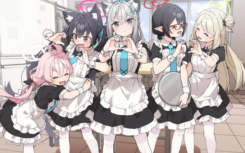 メイド姿でハートマークを作る砂狼シロコ、小鳥遊ホシノ、十六夜ノノミ、黒見セリカ、奥空アヤネ / ブルーアーカイブの壁紙(960px x 600px) 高画質 PC・デスクトップ用