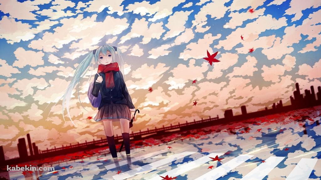 秋、赤いマフラーをした制服姿の初音ミク / ボーカロイドの壁紙(1024px x 576px) 高画質 PC・デスクトップ用