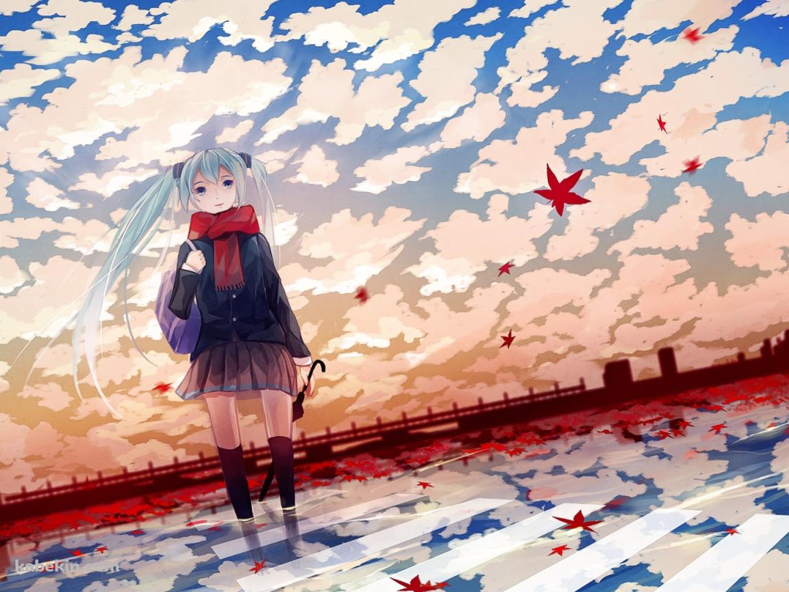 秋、赤いマフラーをした制服姿の初音ミク / ボーカロイドの壁紙(1152px x 864px) 高画質 PC・デスクトップ用