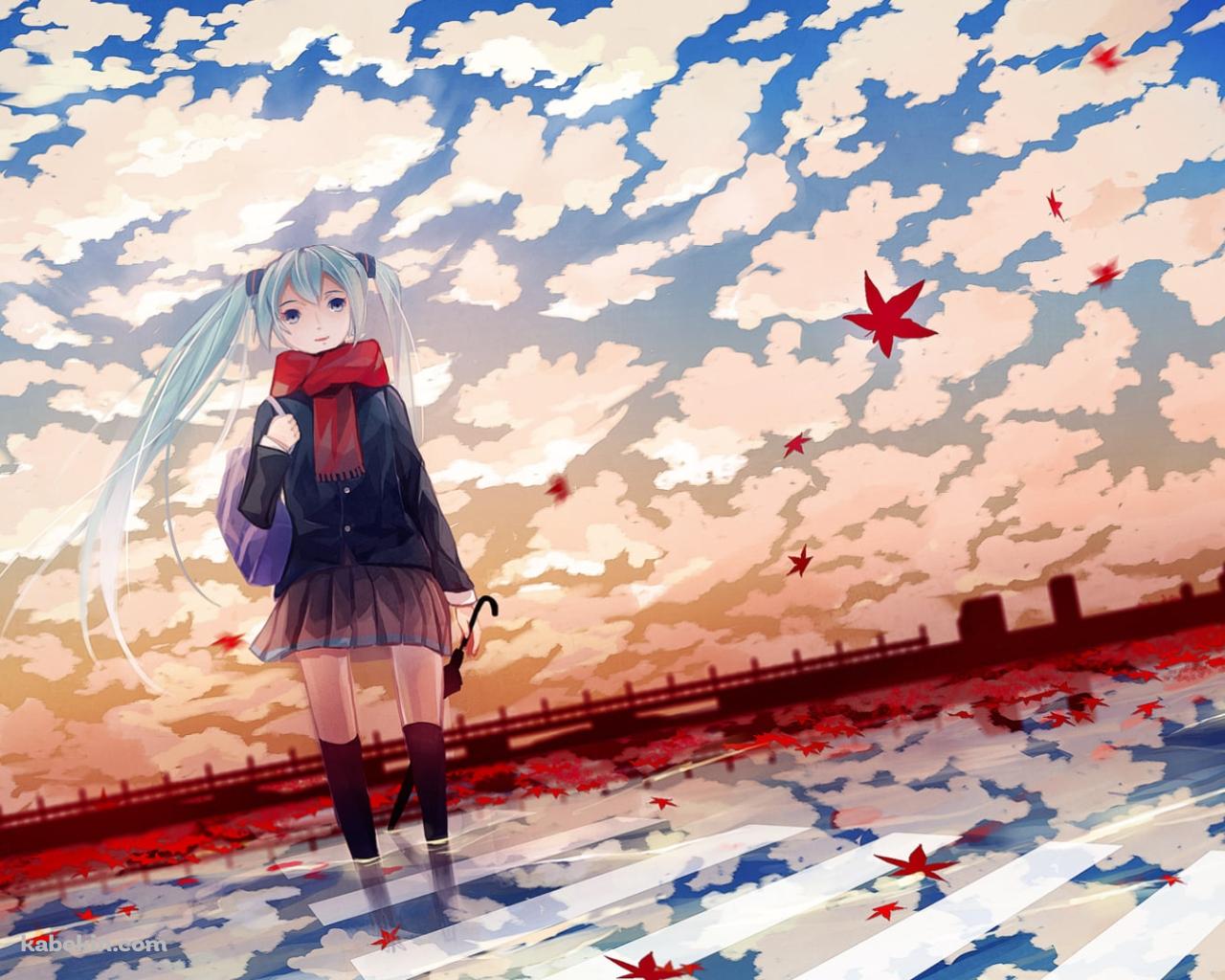 秋、赤いマフラーをした制服姿の初音ミク / ボーカロイドの壁紙(1280px x 1024px) 高画質 PC・デスクトップ用