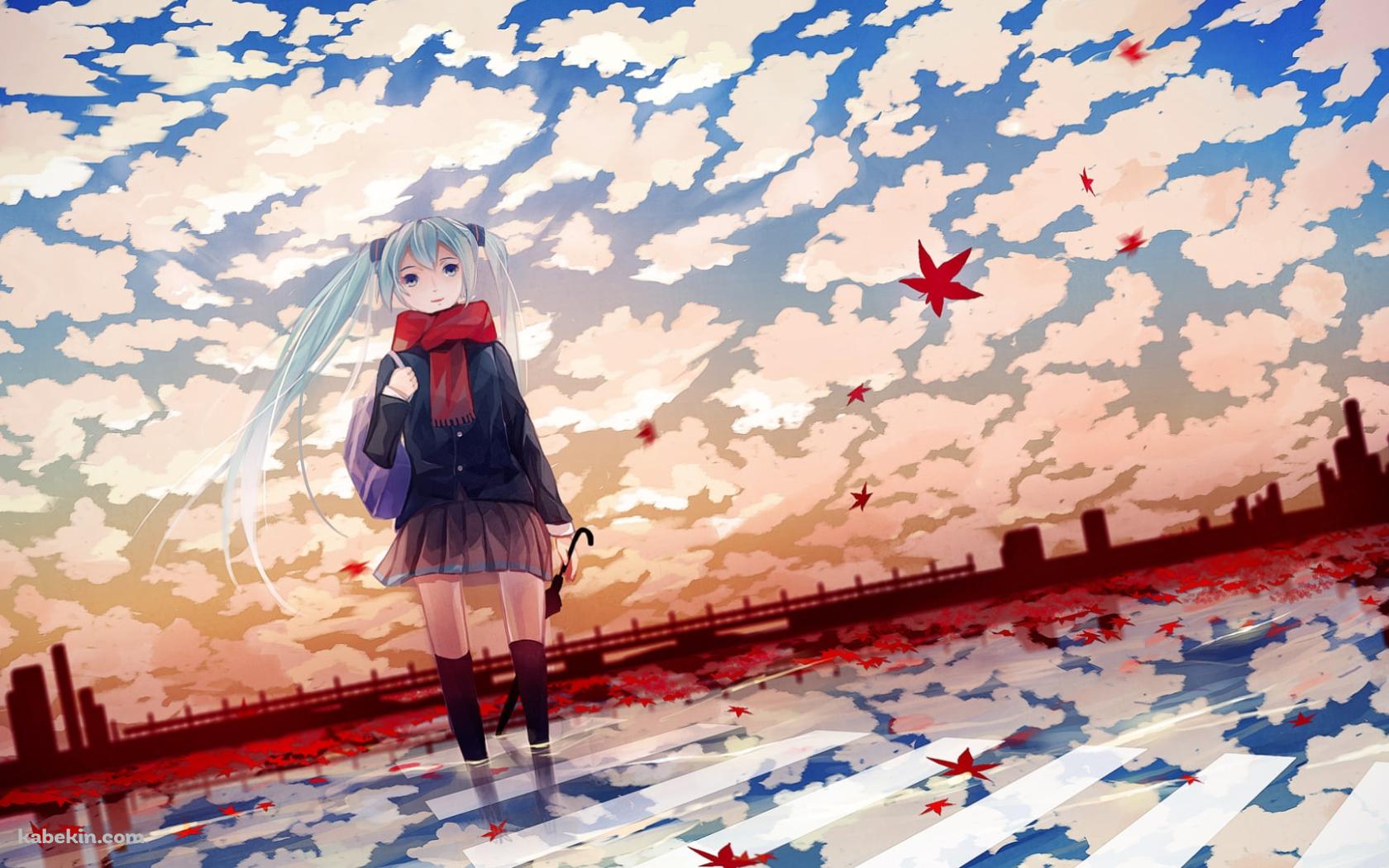 秋、赤いマフラーをした制服姿の初音ミク / ボーカロイドの壁紙(1680px x 1050px) 高画質 PC・デスクトップ用