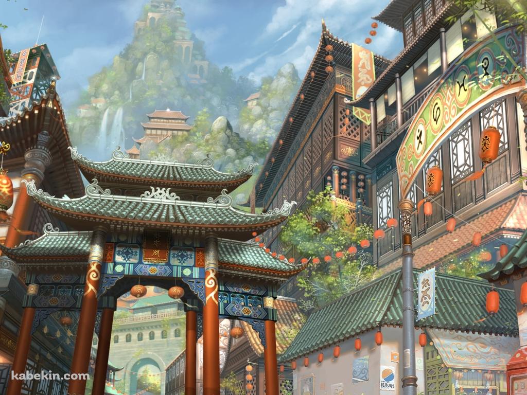 山と綺麗な中国の街並みの壁紙(1024px x 768px) 高画質 PC・デスクトップ用
