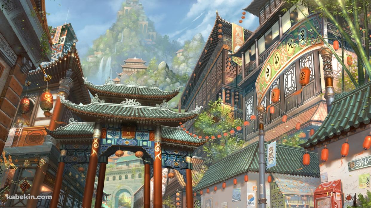 山と綺麗な中国の街並みの壁紙(1242px x 698px) 高画質 PC・デスクトップ用