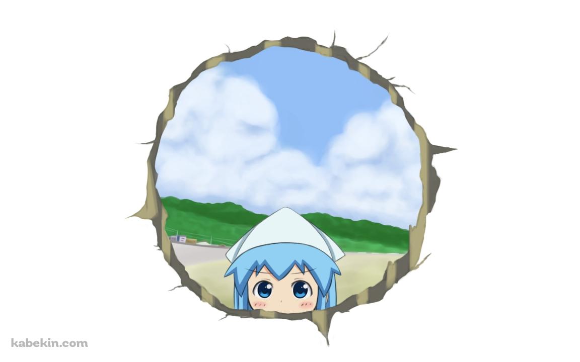 壁の穴から顔を覗かせるイカ娘の壁紙(1152px x 720px) 高画質 PC・デスクトップ用