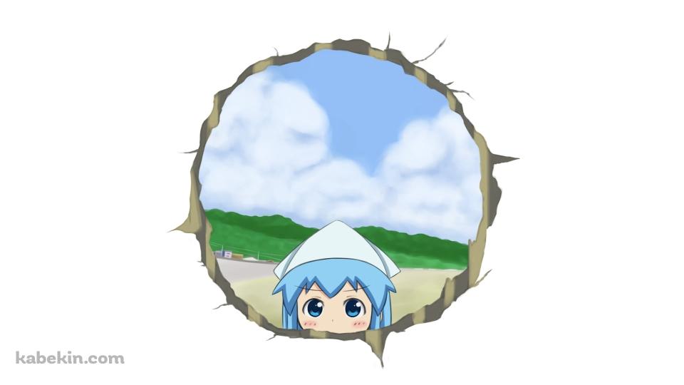 壁の穴から顔を覗かせるイカ娘の壁紙(960px x 540px) 高画質 PC・デスクトップ用