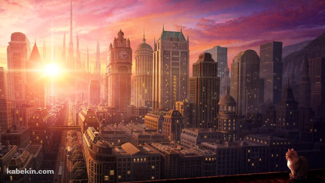 大都会と昇る太陽を見つめる猫の壁紙(1051px x 591px) 高画質 PC・デスクトップ用
