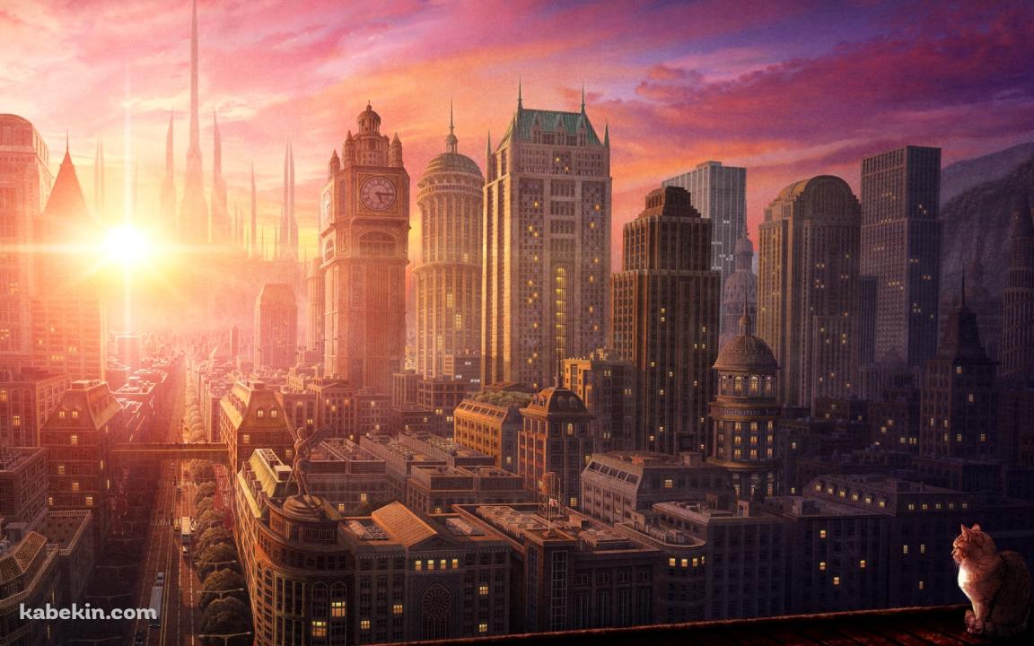 大都会と昇る太陽を見つめる猫の壁紙(1152px x 720px) 高画質 PC・デスクトップ用