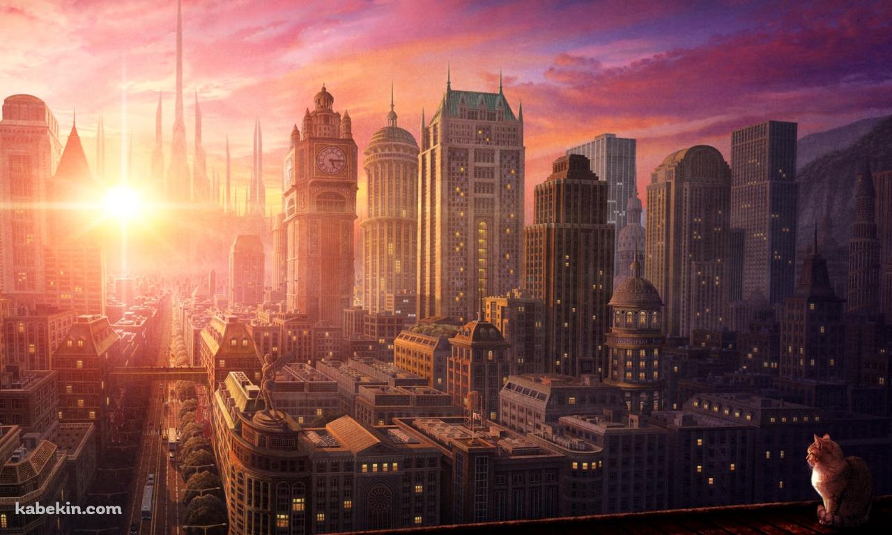大都会と昇る太陽を見つめる猫の壁紙(1280px x 768px) 高画質 PC・デスクトップ用