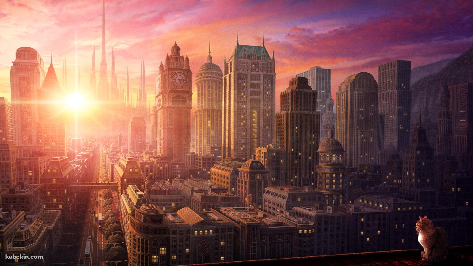 大都会と昇る太陽を見つめる猫の壁紙(1920px x 1080px) 高画質 PC・デスクトップ用
