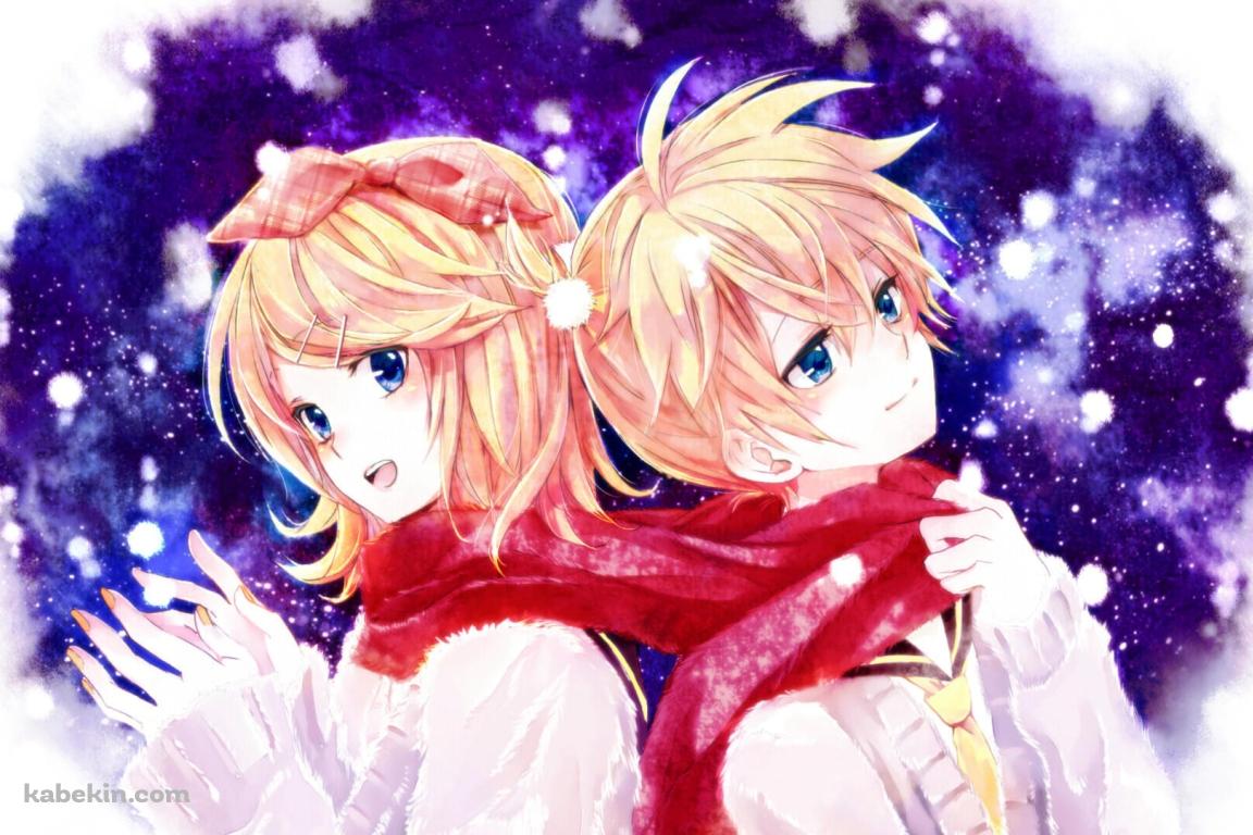 雪が降る中、赤いマフラーを共有する鏡音リンと鏡音レン / ボーカロイドの壁紙(1152px x 768px) 高画質 PC・デスクトップ用