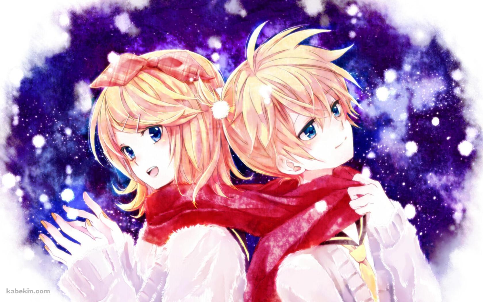 雪が降る中、赤いマフラーを共有する鏡音リンと鏡音レン / ボーカロイドの壁紙(1680px x 1050px) 高画質 PC・デスクトップ用