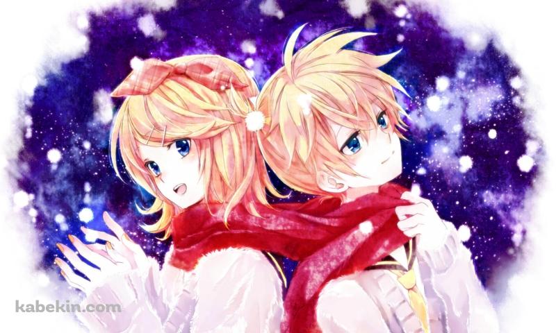 雪が降る中、赤いマフラーを共有する鏡音リンと鏡音レン / ボーカロイドの壁紙(800px x 480px) 高画質 PC・デスクトップ用