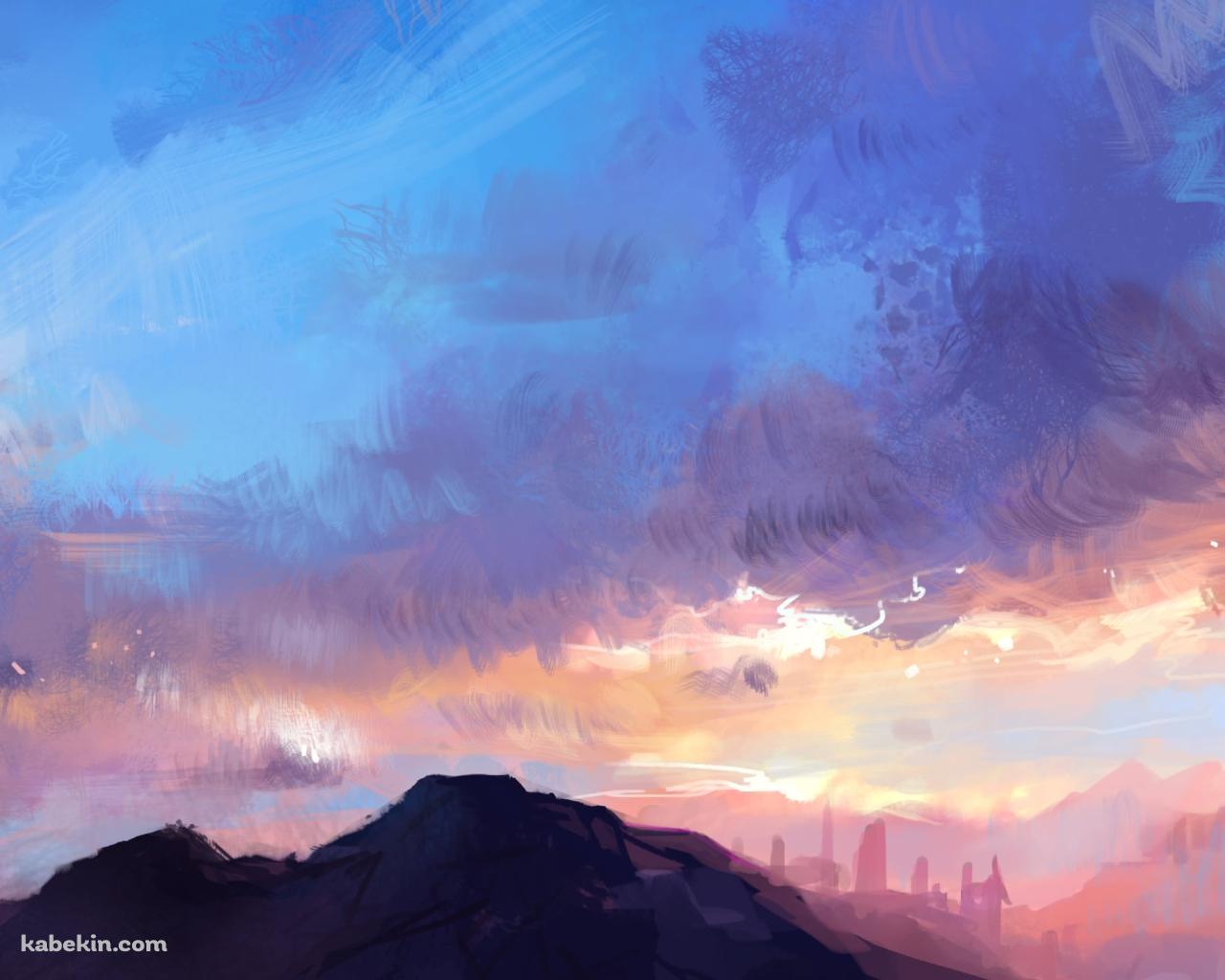 ラフスケッチ / 山と青い空 / 夕暮れの壁紙(1280px x 1024px) 高画質 PC・デスクトップ用