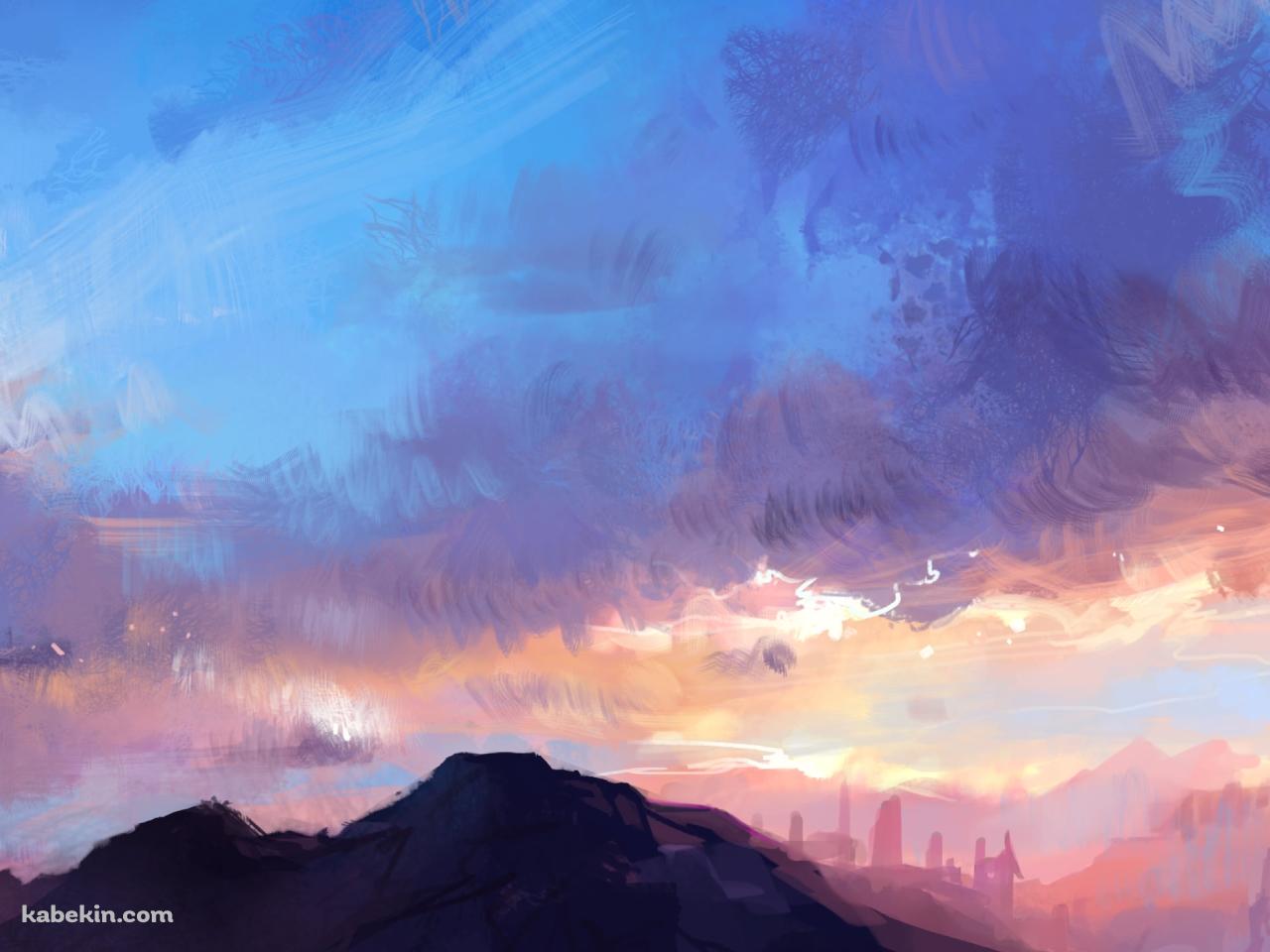 ラフスケッチ / 山と青い空 / 夕暮れの壁紙(1280px x 960px) 高画質 PC・デスクトップ用