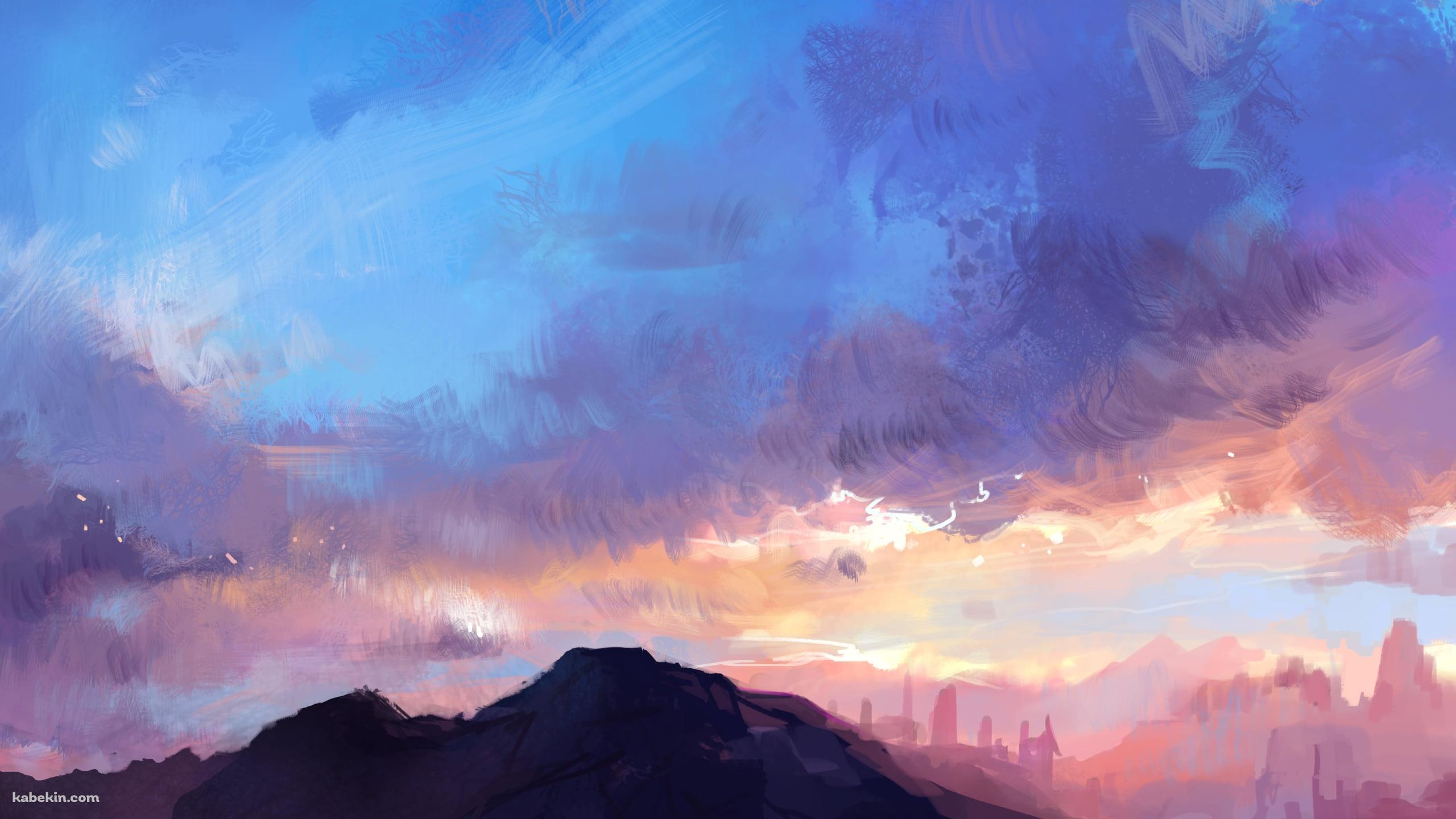 ラフスケッチ / 山と青い空 / 夕暮れの壁紙(2560px x 1440px) 高画質 PC・デスクトップ用