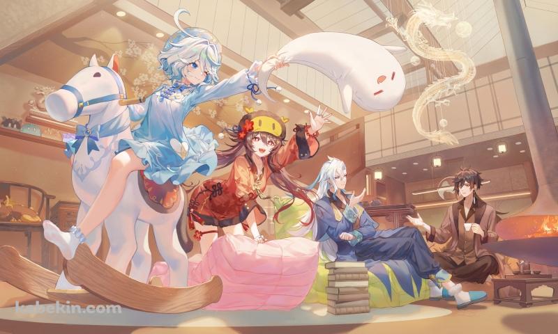 木馬に乗るフリーナ / お化けに手を伸ばす胡桃 / くつろぐ鍾離とヌヴィレット / 原神の壁紙(800px x 480px) 高画質 PC・デスクトップ用