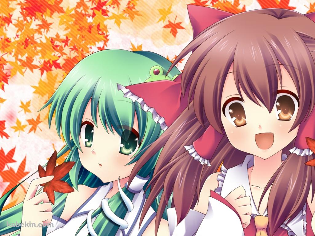 紅葉と博麗霊夢と東風谷早苗 / 東方の壁紙(1024px x 768px) 高画質 PC・デスクトップ用