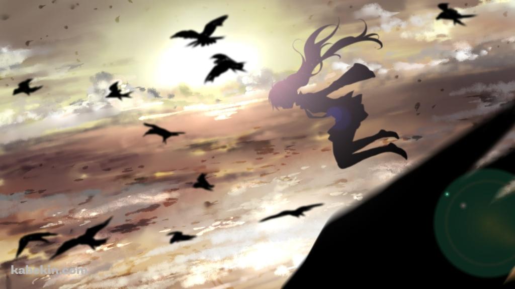 空を飛ぶ初音ミクと鳥のシルエット / ボーカロイドの壁紙(1024px x 576px) 高画質 PC・デスクトップ用