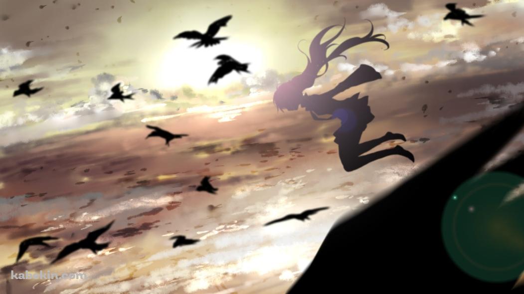 空を飛ぶ初音ミクと鳥のシルエット / ボーカロイドの壁紙(1051px x 591px) 高画質 PC・デスクトップ用