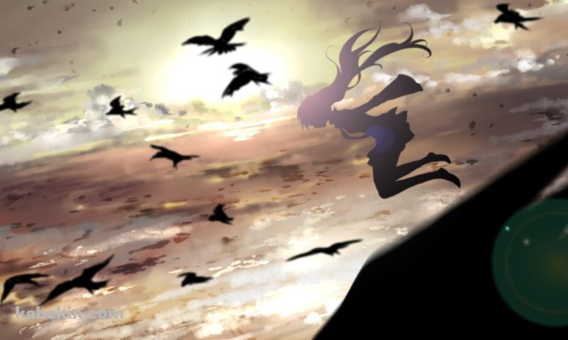 空を飛ぶ初音ミクと鳥のシルエット / ボーカロイドの壁紙(800px x 480px) 高画質 PC・デスクトップ用