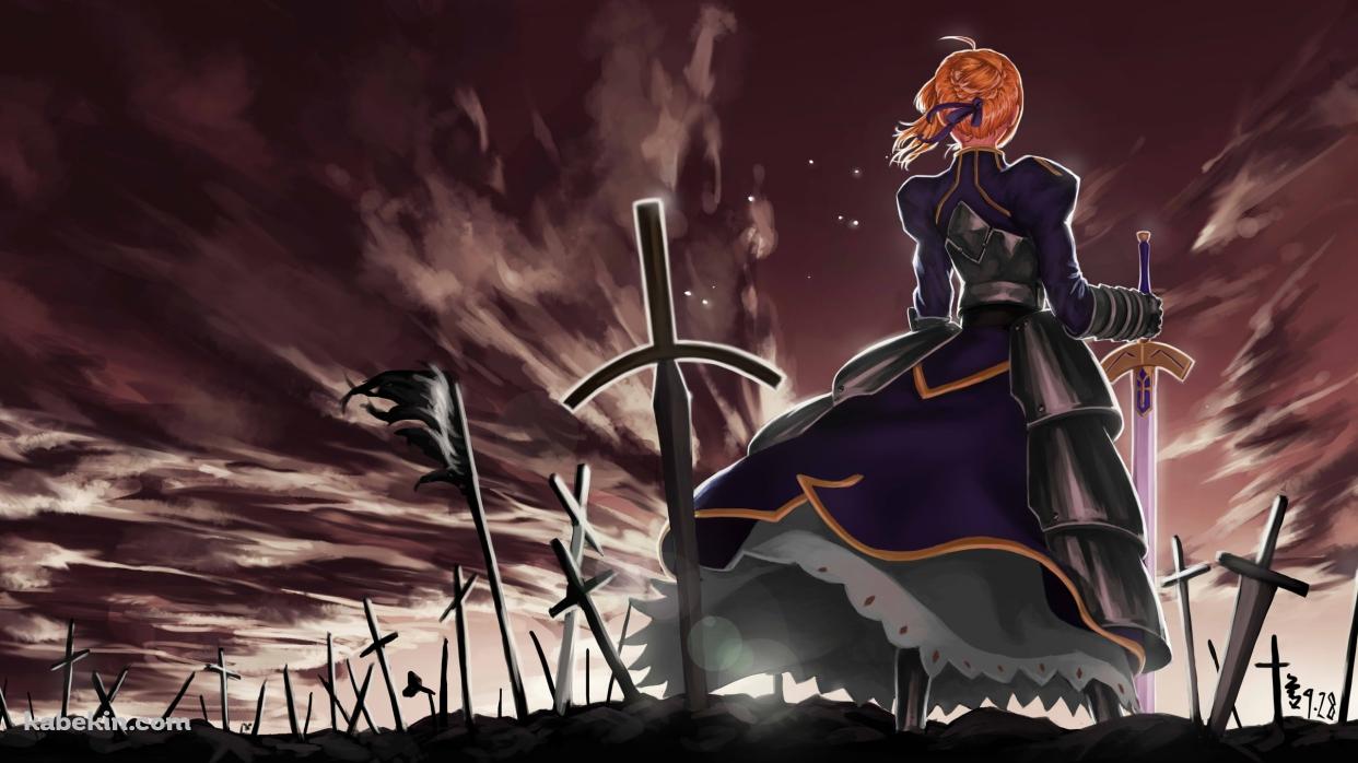 無数の剣が刺さった戦場跡に立つセイバー / 後ろ姿 / Fateの壁紙(1242px x 698px) 高画質 PC・デスクトップ用
