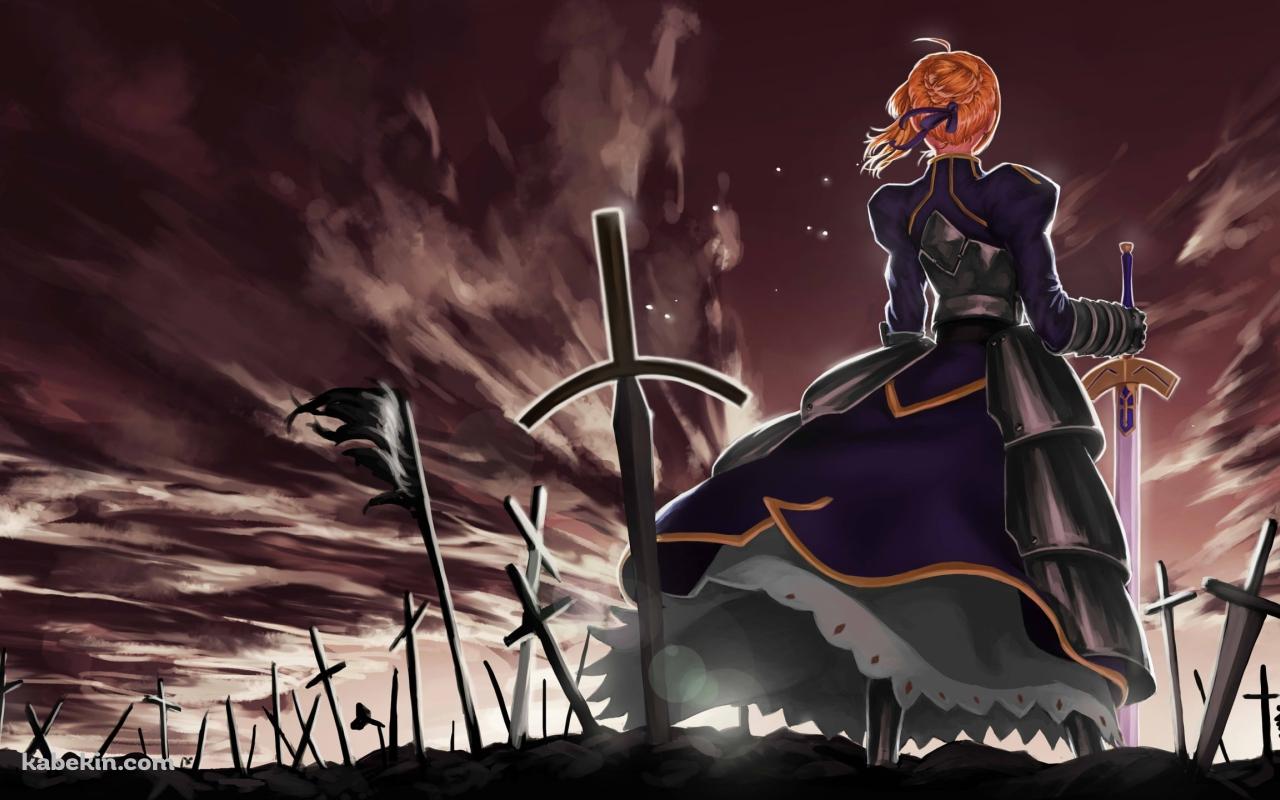 無数の剣が刺さった戦場跡に立つセイバー / 後ろ姿 / Fateの壁紙(1280px x 800px) 高画質 PC・デスクトップ用