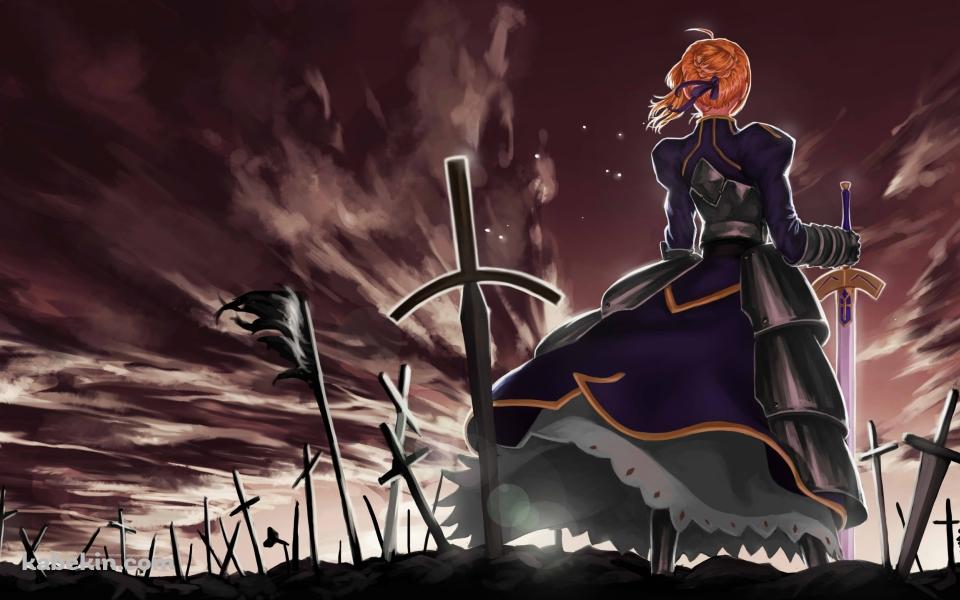 無数の剣が刺さった戦場跡に立つセイバー / 後ろ姿 / Fateの壁紙(960px x 600px) 高画質 PC・デスクトップ用