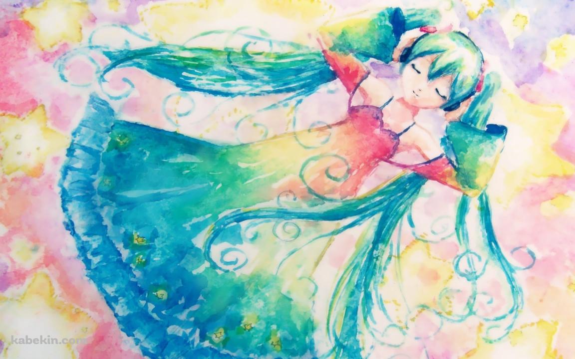 水彩で描かれた目をつぶる初音ミク / ボーカロイドの壁紙(1152px x 720px) 高画質 PC・デスクトップ用